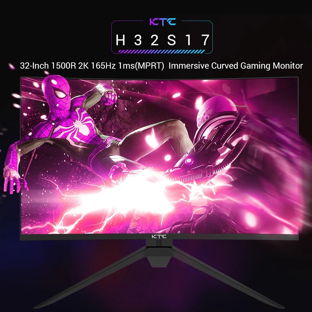KTC H32S17 32 inch 1500R Curved Gaming Monitor 2560x1440 QHD 165Hz 16: 9 ELED 99% sRGB HDR10 1ms MPRT Response Time Low-blue Compatible with FreeSync and G-SYNC USB HDMI2.0 2xDP1.2 Audio Flexible Out Adjustment with Sturdy Tripod VESA Mount Displayer
