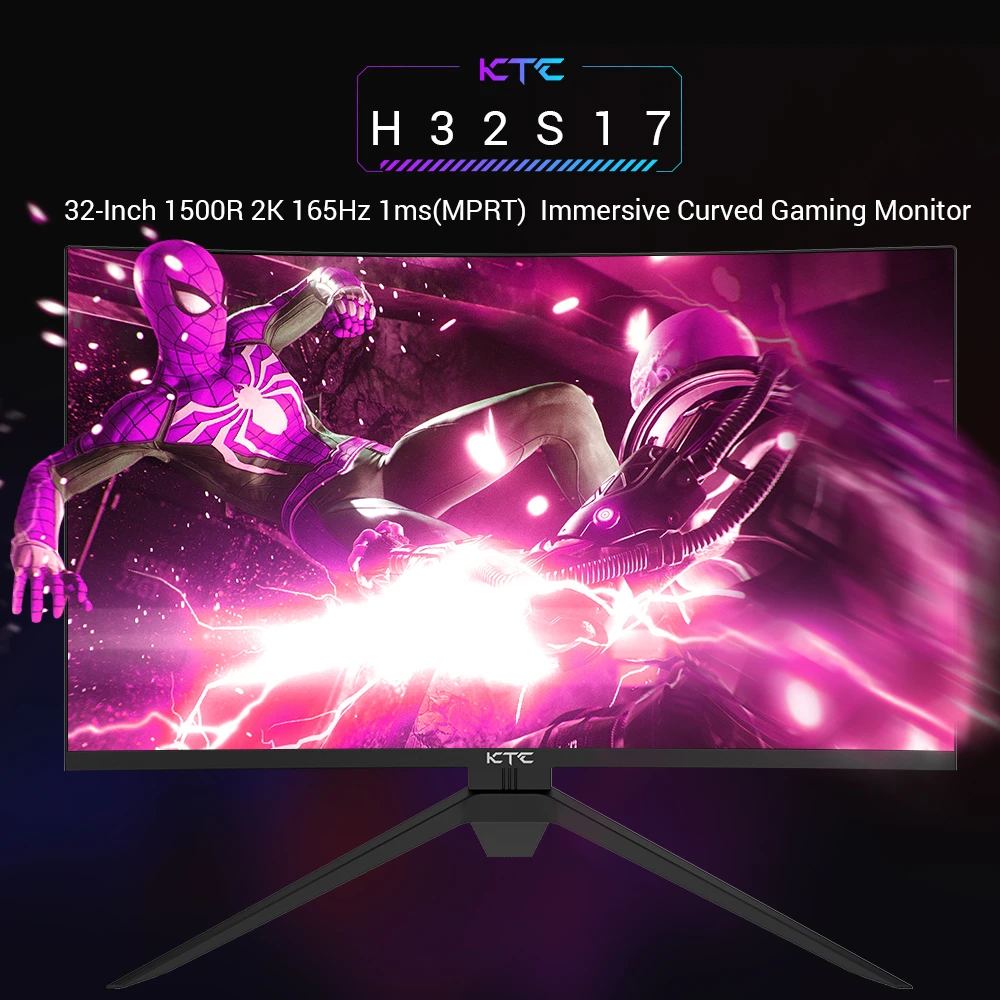 KTC H32S17 Monitor curvo para juegos de 32 pulgadas 1500R 2560x1440 QHD 165Hz 16:9 ELED 99 % sRGB HDR10 1 ms MPRT Tiempo de respuesta Low-blue Compatible con FreeSync y G-SYNC USB HDMI2.0 2xDP1.2 Salida de audio Ajuste flexible con trípode resistente Pantalla de montaje VESA