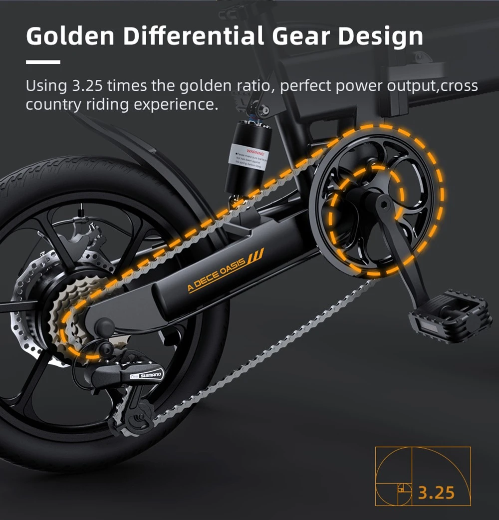 ADO A16 XE Folding Electric Bike 250W Geared Hub Motor 36V 7.5Ah Battery for 43 Mile Range 25km/h Max Speed - Black