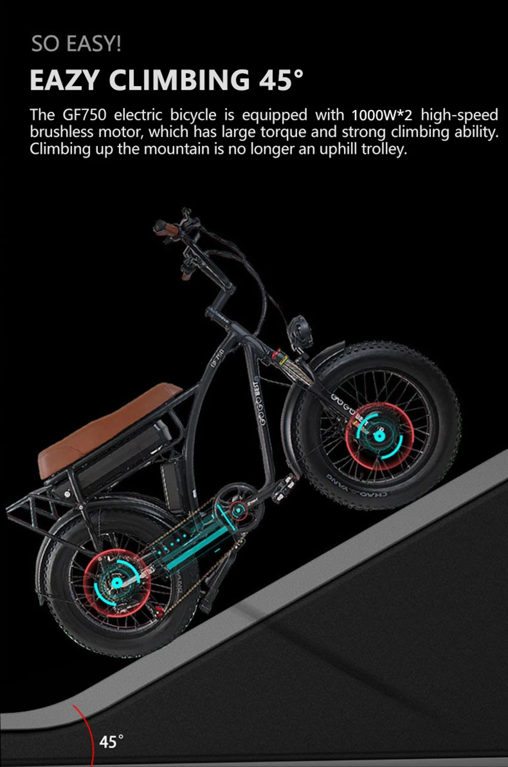 GOGOBEST GF750 Electric Bicycle 1000W*2 Dual Motors 48V 17.5Ah Battery 20*4.0'' Tire Shimano 7-Speed Gear - Black