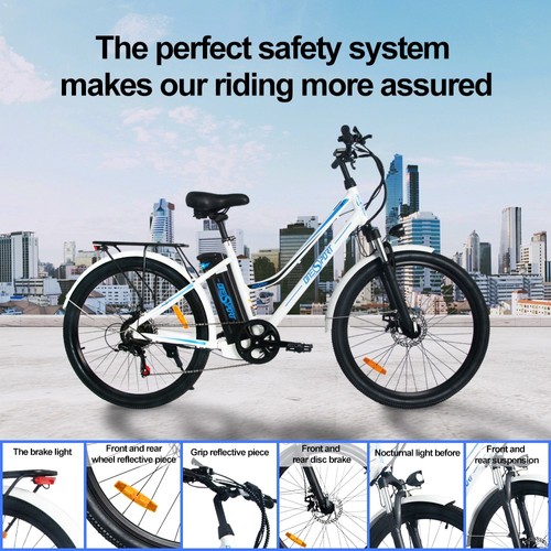 ONESPORT BK1 Electric Bike 26 Inch Tires 36V 350W Motor 10Ah Battery 25Km/h Max Speed Shimano 7 Speed Gear Front Suspension and Dual Disc Brakes 120KG Max Load - White