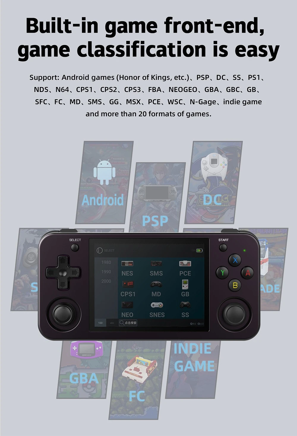 ANBERNIC RG353M Handheld Game Console, 3.5'' IPS Screen Android 32GB high-speed eMMC 5.1 Linux 16GB, 64GB TF Card - Purple
