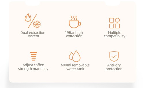 HiBREW H2B 5-in-1 Coffee Maker with Water Level Line, 1450W 19Bar Hot/Cold Capsule Coffee Machine, 600ml Water Tank - White