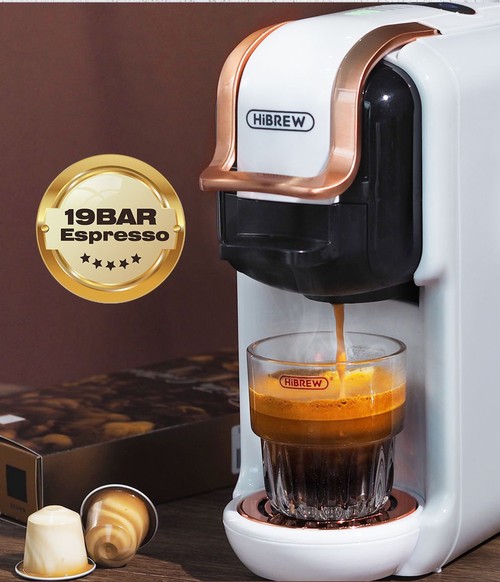 HiBREW H2B 5-in-1 Coffee Maker with Water Level Line, 1450W 19Bar Hot/Cold Capsule Coffee Machine, 600ml Water Tank - White