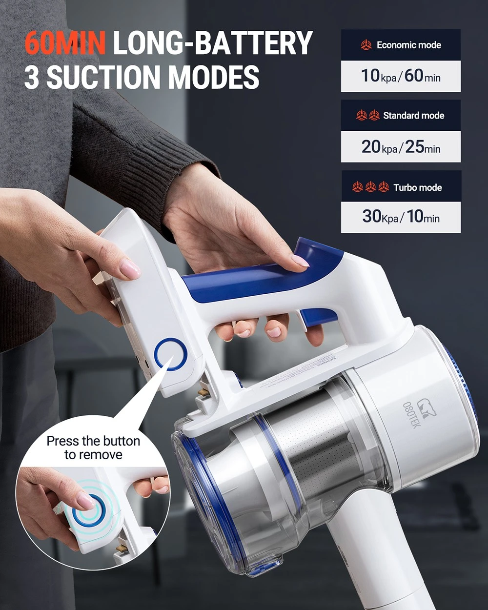 OSOTEK S9 Pro Cordless Handheld Vacuum Cleaner, 30Kpa Suction, 3-gear Speed, 320W High Power, 0.75L Dust Cup, 2500mAh Battery, 60min Runtime