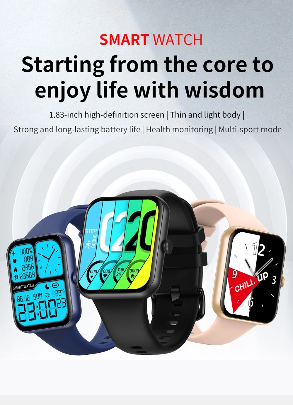 SENBONO L32 Smartwatch 1.83'' Large Screen Bluetooth 5.0 Sports Watch Heart Rate, Blood Pressure, Blood Oxygen Monitor - Black