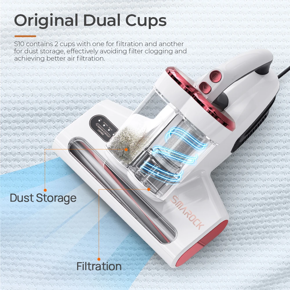 Smarock S10 Smart Dual-Cup Mite Cleaner 13KPa Suction 500W Power Metal Brushroll Multi-Directional Heating Professional UV Light Ultrasonic Tech 99.9% Removing Mites 0.5L Dust Cup - White