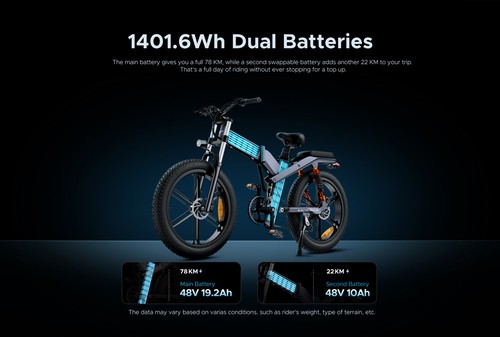 ENGWE X26 elektrinis dviratis 26 * 4,0 colių riebios padangos 50 km/h maksimalus greitis 48 V 1000 W variklis 19,2 Ah ir 10 Ah dvigubos baterijos 100 km diapazonui 150 kg maksimali apkrova triguba pakabos sistema "Shimano" 8 greičių "Hydralic" kalnų pavara - dvipusė Dviratis