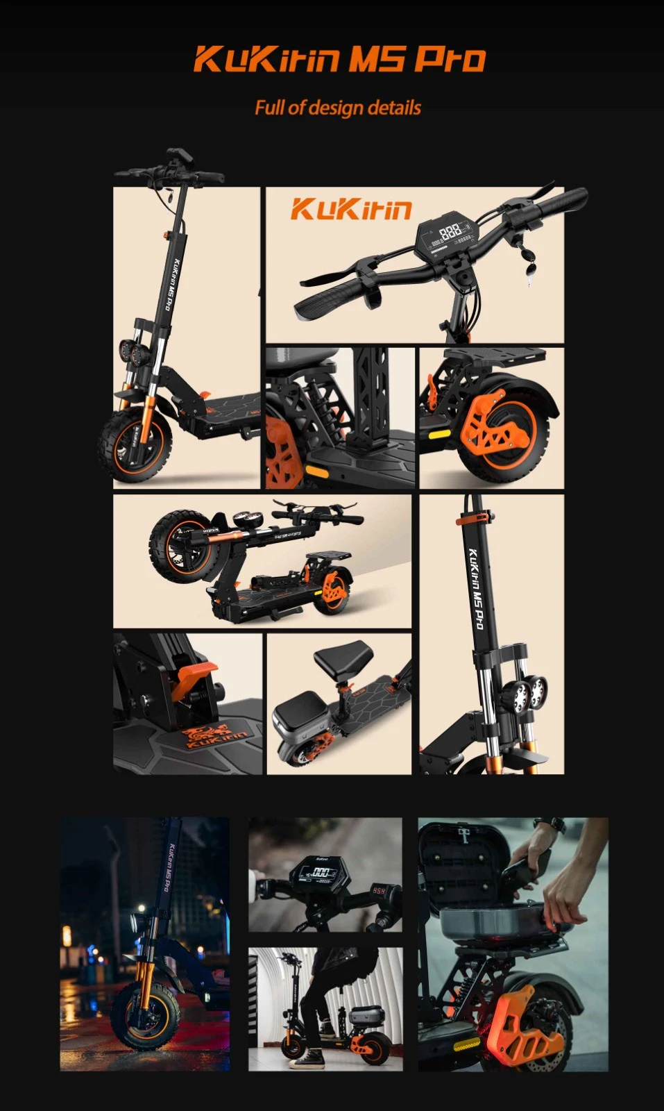 KuKirin M5 Pro Electric Scooter 1000W Motor 52Km/h Max Speed 48V 20Ah Battery With 70KM Range, Dual Disc Brakes, 7 Lights, Multiple Speed Modes 120KG Max Load with Detachable Seat