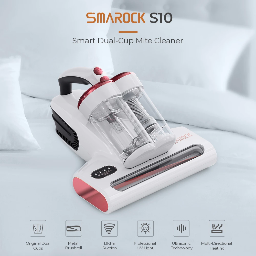 Smarock S10 Smart Dual-Cup Miderenser 13KPa Suge 500W Power Metal Børsterulle Multi-Directional Opvarmning Professionel UV-lys Ultrasonic Tech 99.9% Fjerner mider 0.5L Støvkop - Hvid