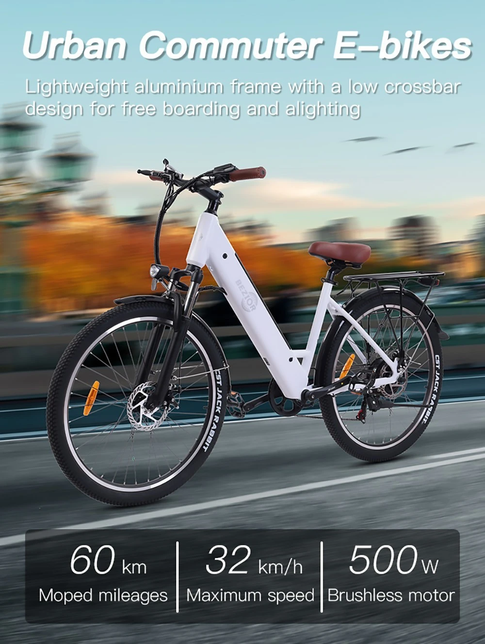 Bezior M3 Electric Bike 48V 500W Motor 32km/h Max Speed 10.4Ah Battery 60km Max Range 26*2.1'' CST Tires Shimano 7 Speed Gear - White