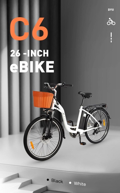 Vélo électrique DYU C6 Moteur 350 W Vitesse maximale 25 km/h Batterie 36 V 12,5 Ah Autonomie maximale 70 km - Noir