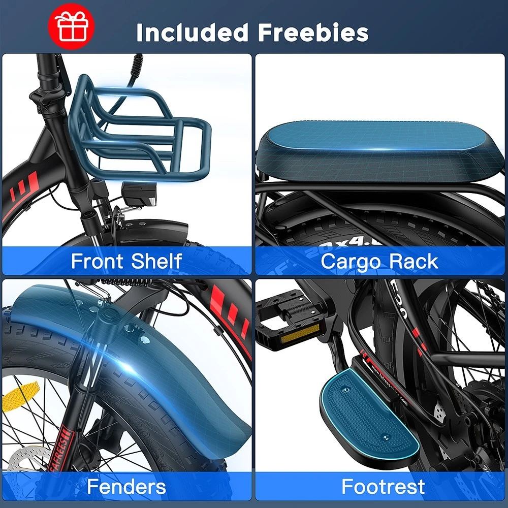 F20 Max Electric Bike 20*4.0 Inch Fat Tire 500W Brushless Motor 25Km/h Speed Removable 48V 22.5Ah Lithium Battery Front & Rear Disc Brakes Shimano 7-Speed Gear 150KG Max Speed Folding E-bike with Footrest - Red