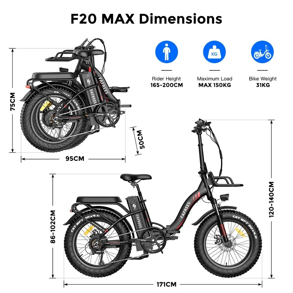 F20 Max Electric Bike 20*4.0 Inch Fat Tire 500W Brushless Motor 25Km/h Speed Removable 48V 22.5Ah Lithium Battery Front & Rear Disc Brakes Shimano 7-Speed Gear 150KG Max Speed Folding E-bike with Footrest - Red