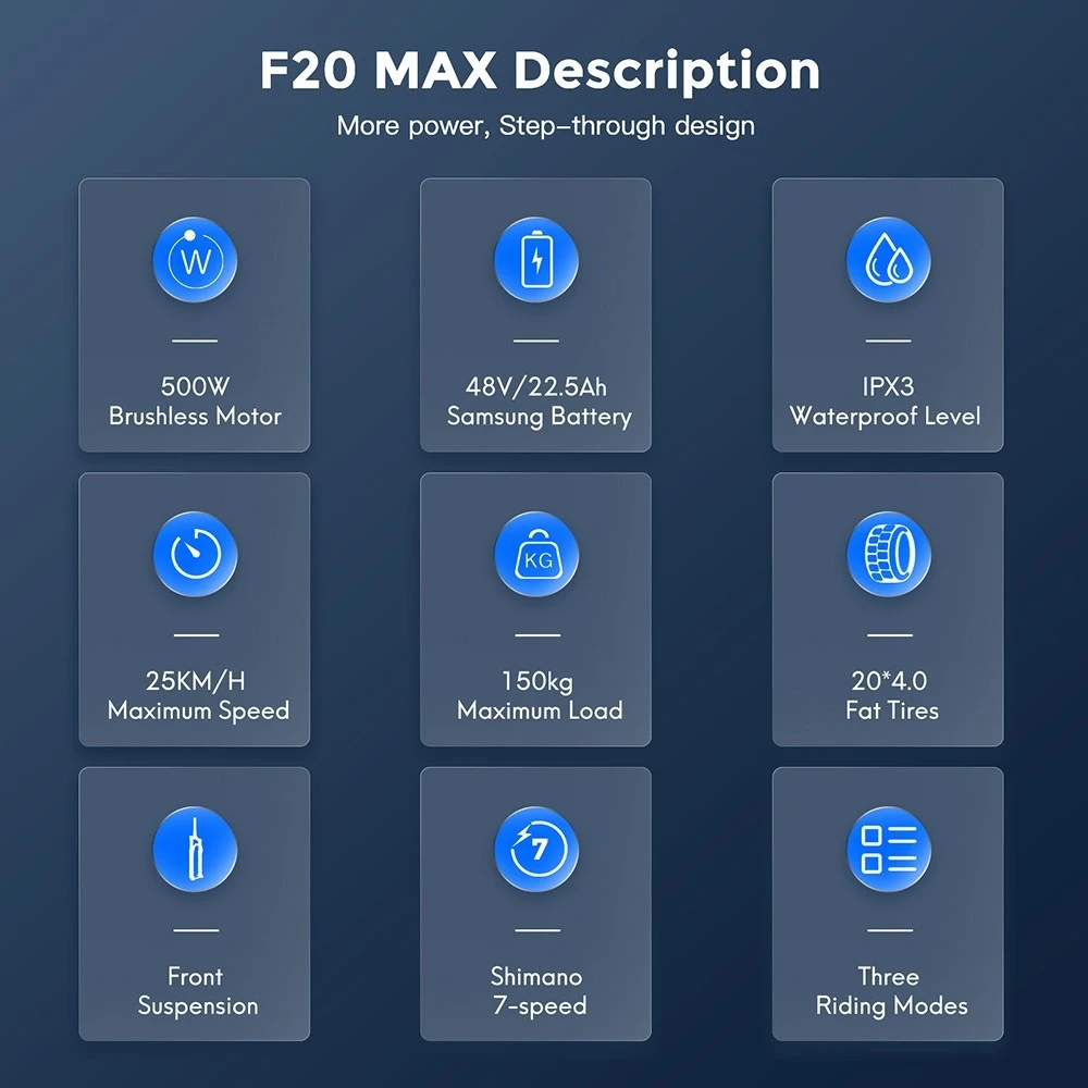 F20 Max Electric Bike 20*4.0 Inch Fat Tire 500W Brushless Motor 25Km/h Speed Removable 48V 22.5Ah Lithium Battery Front & Rear Disc Brakes Shimano 7-Speed Gear 150KG Max Speed Folding E-bike with Footrest - Red