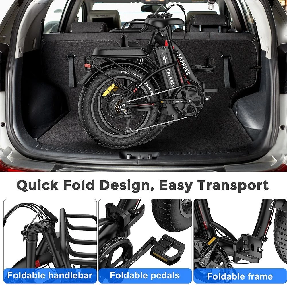 F20 Max Electric Bike 20*4.0 Inch Fat Tire 500W Brushless Motor 25Km/h Speed Removable 48V 22.5Ah Lithium Battery Front & Rear Disc Brakes Shimano 7-Speed Gear 150KG Max Speed Folding E-bike with Footrest - Red