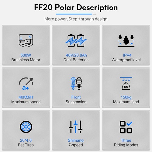 FF20 Polar Elektrofahrrad 48V 500W Motor 40Km/h Höchstgeschwindigkeit Dual 10.4Ah Akkus für 150KM Reichweite 20*4.0 Zoll CHAOYANG Fat Tire Doppelscheibenbremsen Shimano 7-Gang-Getriebe LCD-Farbdisplay - Weiß