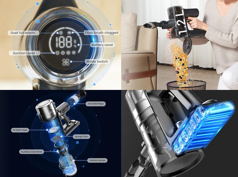 Proscenic P12 Handheld Cordless Vacuum Cleaner 33KPa 120AW Suction Anti-Tangle Roller Brush Vertect HeadLight 2500mAh Battery 60Mins Runtime 1.2L Large Dustbin LED Touch Display for Hard Floor & Carpets, Pet Hair - Grey