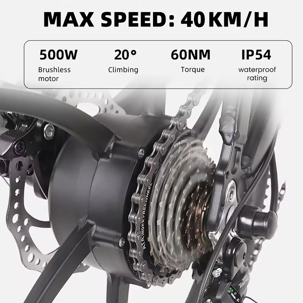 RANDRIDE YA20 Electric Bike 500W Motor 40km/h Max Speed 48V 12.8Ah Battery 80-90 Max Range 20*1.95'' CST Tires 120kg Load Shimano 7 Speed