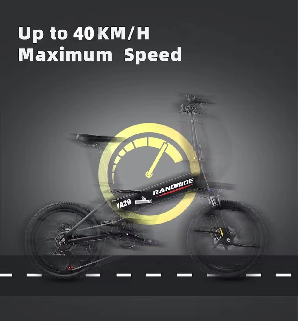 RANDRIDE YA20 Electric Bike 500W Motor 40km/h Max Speed 48V 12.8Ah Battery 80-90 Max Range 20*1.95'' CST Tires 120kg Load Shimano 7 Speed