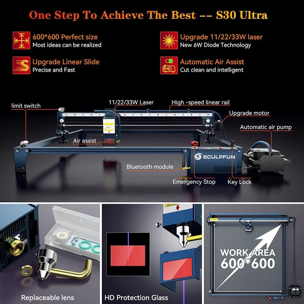 Лазерный резак SCULPFUN S30 Ultra мощностью 22 Вт
