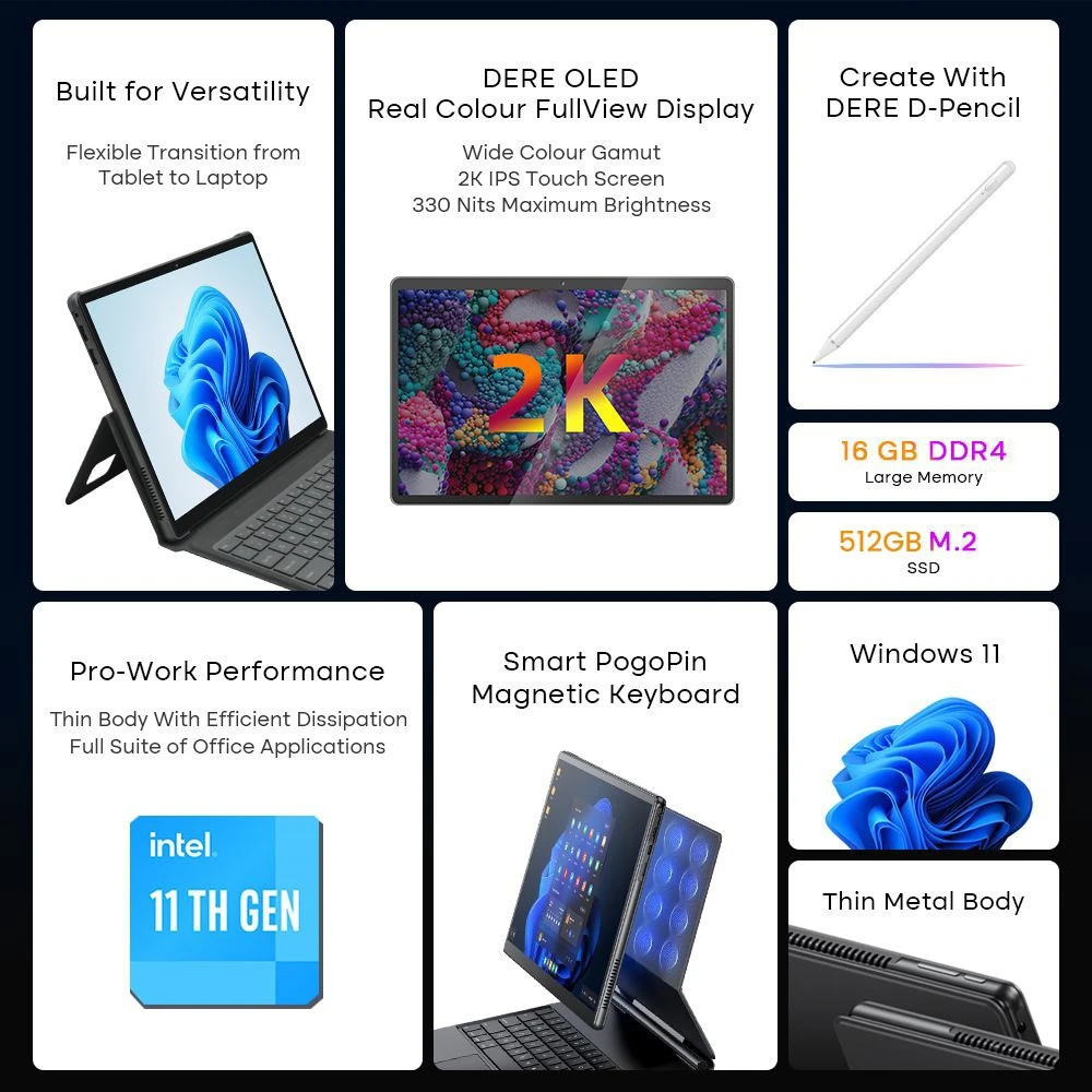 DERE T30 PRO 2-in-1 Laptop 13 inch 2K IPS Touch Screen, Tablet PC/Magic Keyboard + Stylus Pen, 16GB DDR4 512GB SSD Windows 11 Pro, 2.4G & 5G WiFi - Green