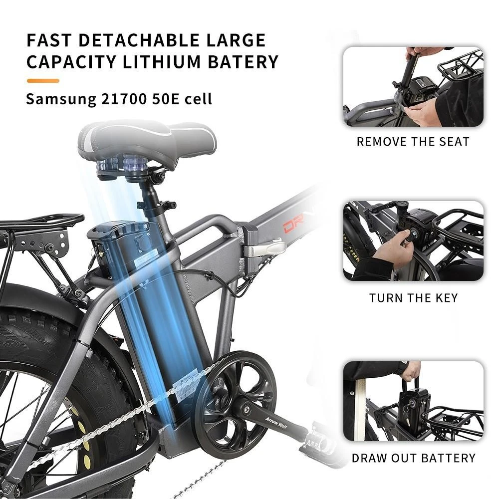 DrveTion AT20 Bicicletă electrică pliabilă 20*4.0 inch Anvelopă grasă 48V 10Ah Baterie Samsung 40-60km Rază 750W Motor 45km/h Viteză maximă Frână pe disc