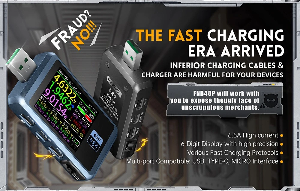 FNIRSI FNB48P USB Voltage Current Tester, Fast Charge Detection, 4-24V Voltage, 6.5A High Current, 4 Function Curves, 5 Ports, Multiple Protocol Triggers, 1.77-inch TFT LCD Display