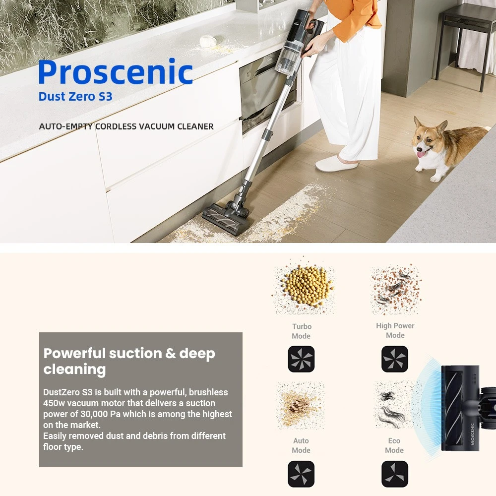 Proscenic DustZero S3 Cordless Vacuum Cleaner with Auto Empty Station, 30000Pa Suction, 2500mAh Removable Battery 60Mins Runtime, 3L Dust Bag, UV Sterilization, LED Touchscreen