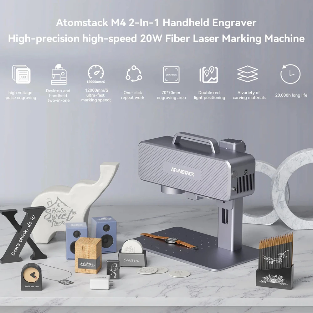 Atomstack M4 Handheld Laser Marking Machine with Protective Cover, 1064nm Infrared Light Source, 0.02mm Compressed Spot, 12000mm/s Engraving Speed, One Key Repeat Engraving, 70*70mm