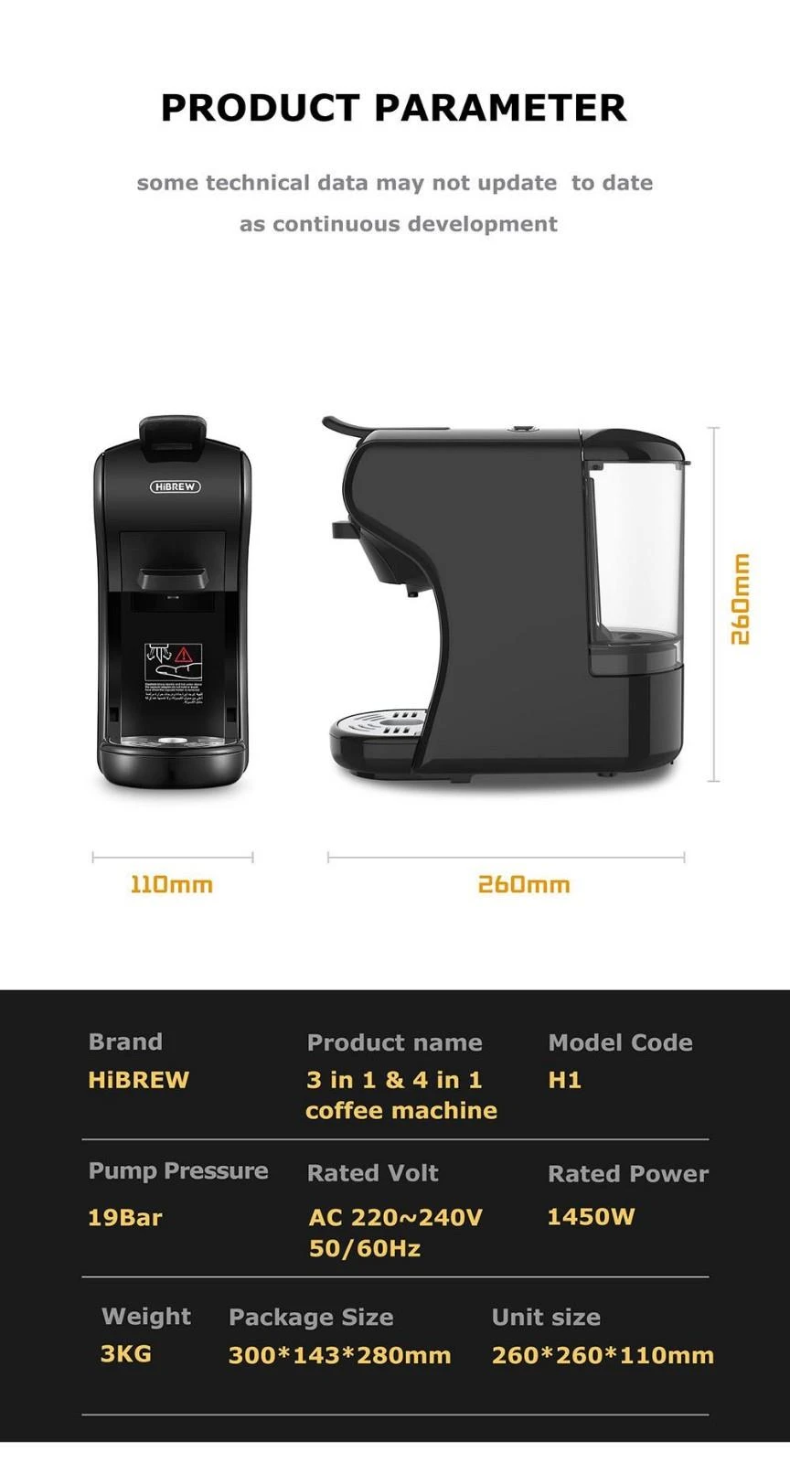 HiBREW H1A 1450W Espresso Coffee Machine, 19 Bar Extraction, Hot/Cold 4-in-1 Multiple Capsule Coffee Maker - White