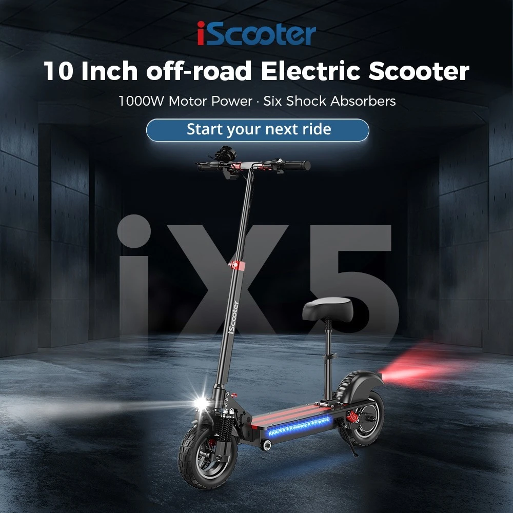 iScooter IX5-Trottinette Électrique Antidérapante Tout-Terrain, 15Ah,  1000W, 10 Pouces, 45 km/h, Autonomie Maximale