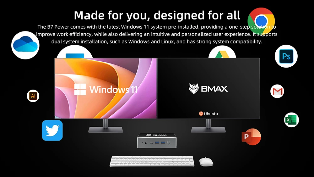 BMAX B7 パワー ミニ PC、Intel Core i7-11390H 4 コア最大 5.0GHz、16GB DDR4 1TB SSD、2xHDMI 2.0b Type-C 4K トリプル ディスプレイ、2xUSB3.0 2xUSB2.0 1000Mbps LAN、WiFi 6 BT 5.2 3.5mm オーディオ、 Windows 11 Pro - EU