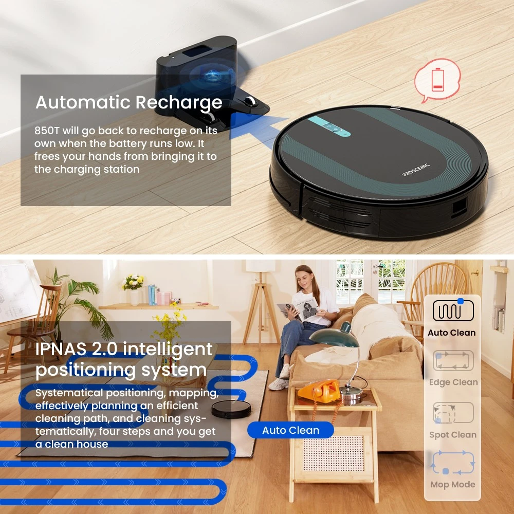 Proscenic 850T Smart Robot Cleaner 3000Pa Suction Three Cleaning Modes 500ml Dust Collector 300ml Electric Water Tank Alexa Google Home App Control - Black