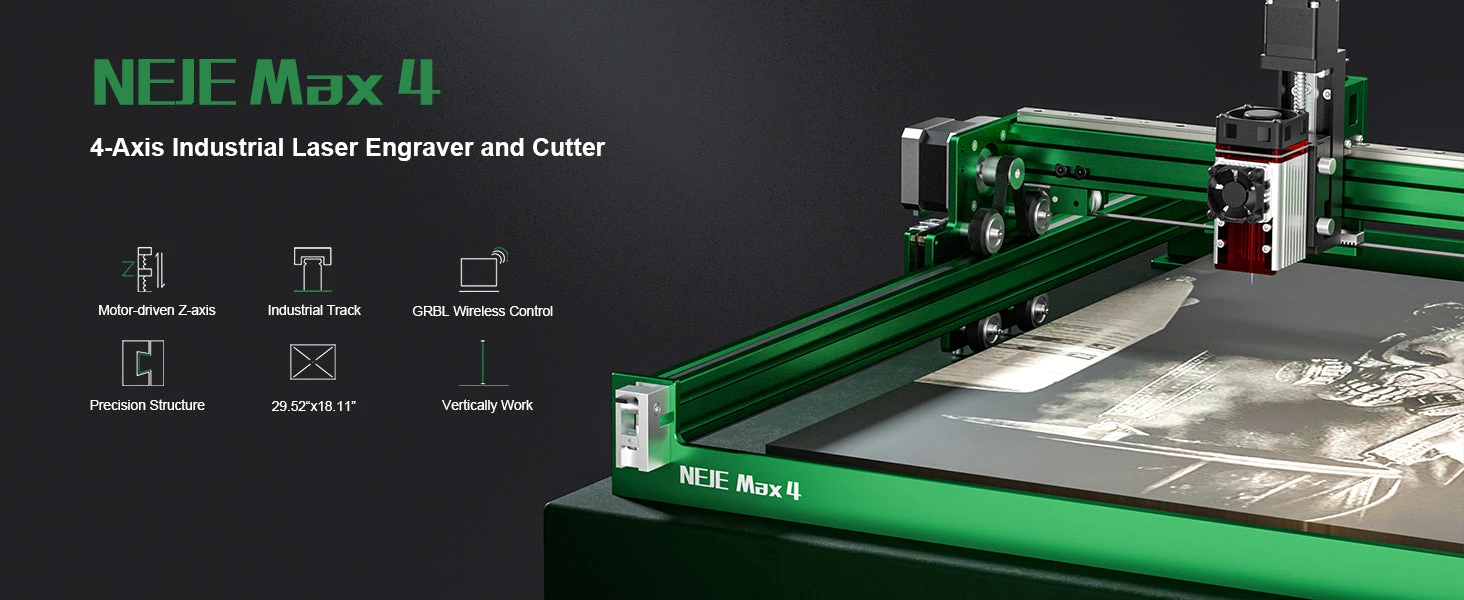 NEJE Max 4 Laser Engraver Cutter, E80 Laser Unit, 24W Laser Power, GRBL Wireless Control, Motor Driver Z Axis, Auto Air Assist, 0.1*0.1mm Focus, 4-Axis Control, Operate Vertically, 750*460mm