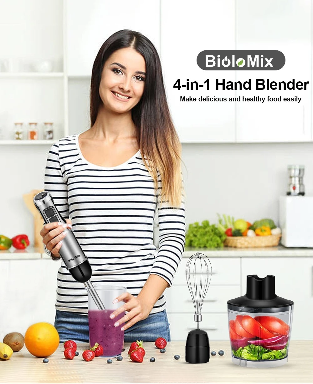 BioloMix BHB1200 4 in 1 1200W Handheld Blender Mixer, 6-speed Control, Stainless Steel Blade, 500ml Chopping Bowl, 600ml Smoothie Cup