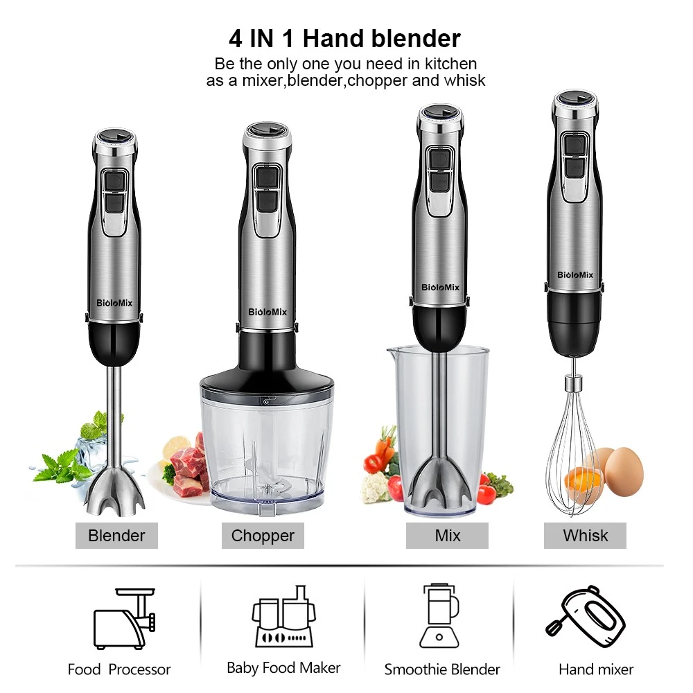 BioloMix BHB1200 4 in 1 1200W Handheld Blender Mixer, 6-speed Control, Stainless Steel Blade, 500ml Chopping Bowl, 600ml Smoothie Cup