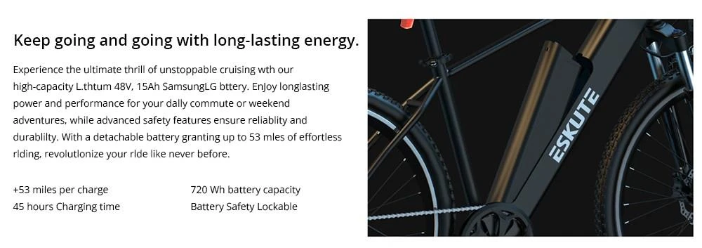 ESKUTE Netuno Plus Electric Bike 27.5*2.1 inch Kenda Tire 250W Motor 25km/h Max Speed 48V 14.5Ah Battery SHIMANO 7-Speed - Black