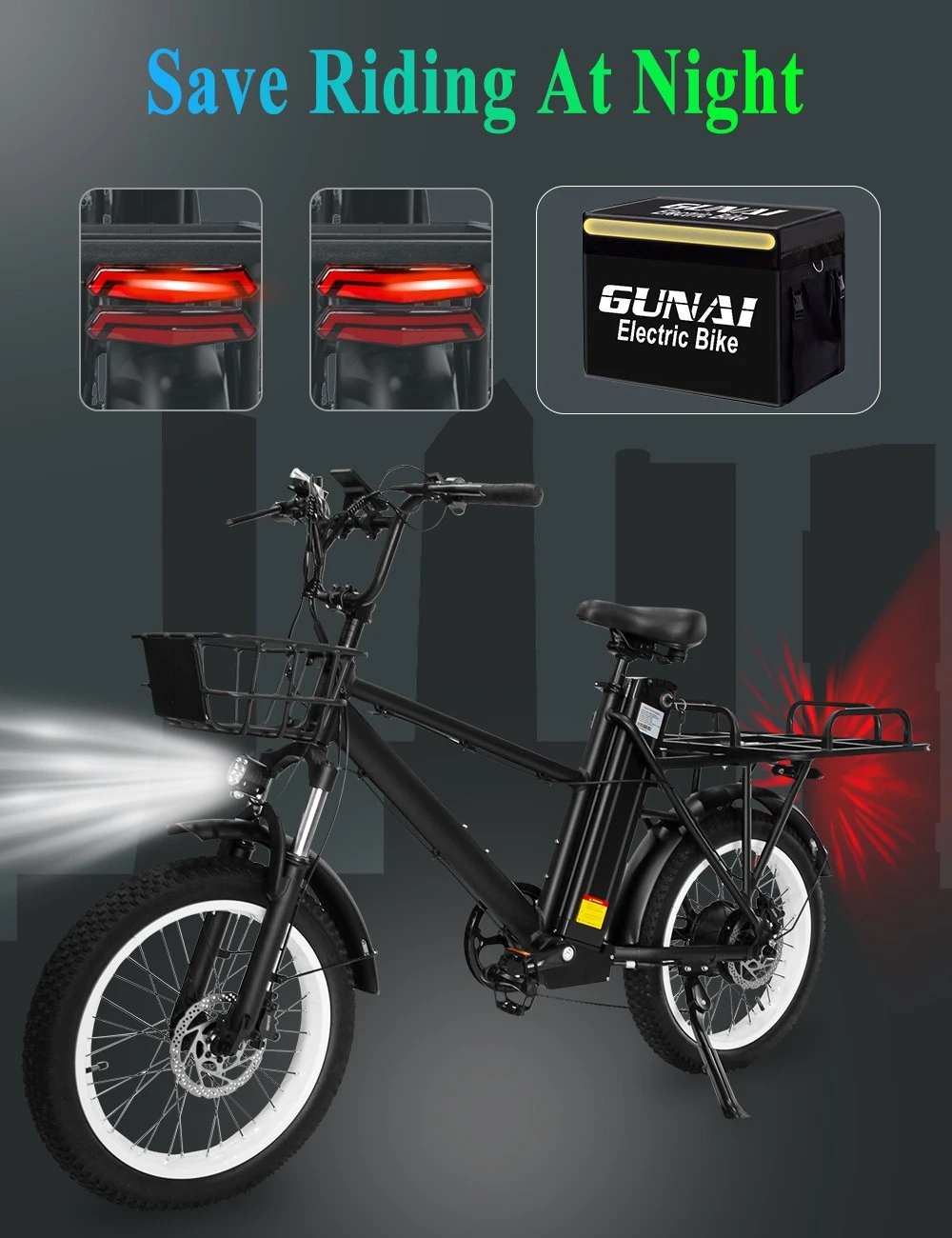 GUNAI GN66 Ellastcykel med Box 20*3.0in Däck 48V 1000W Borstlös motor 45km/h Max hastighet 28Ah Batteri 100km Rang