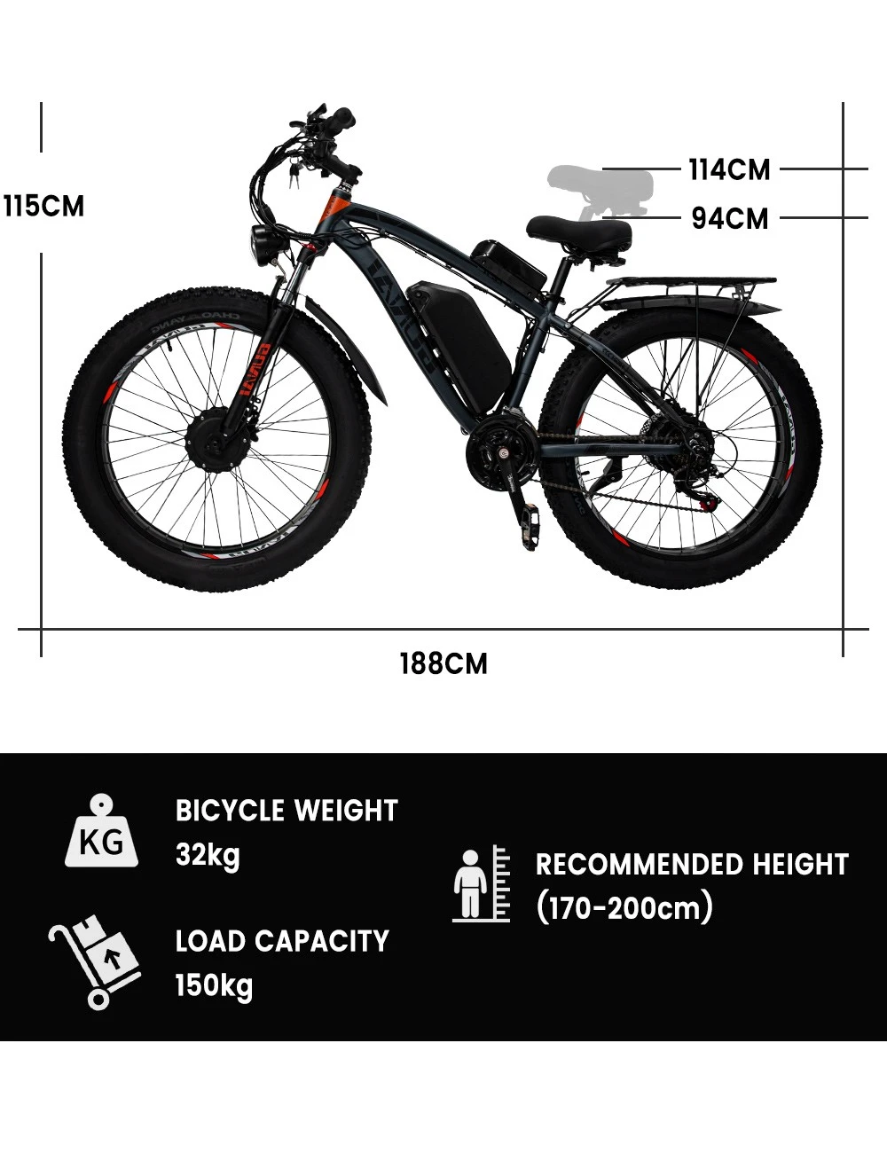 GUNAI GN88 Electric Mountain Bike 26*4.0in Fat Tires 1000W*2 Motors 55km/h Max Speed 48V 22Ah Battery 130km Range