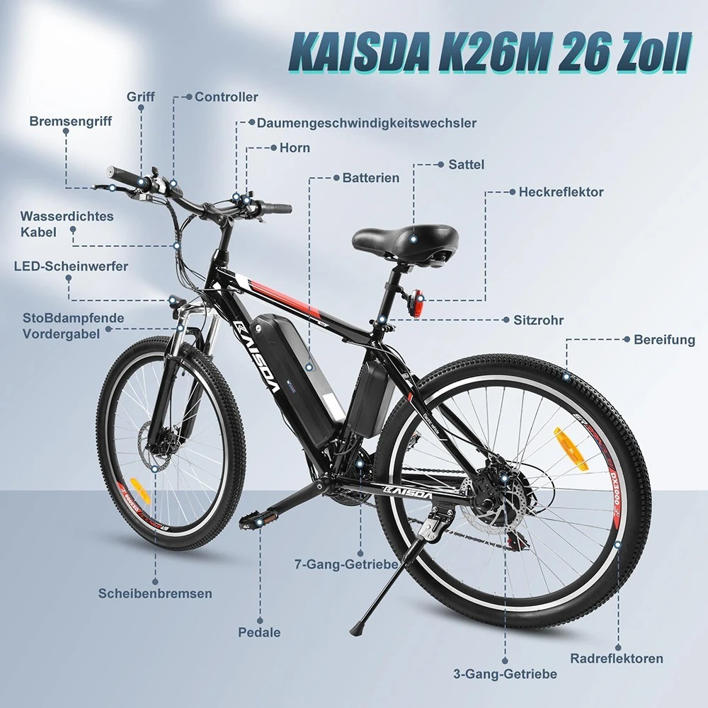 KAISDA K26M Electric Urban Bike 26*1.95in Tires 36V 250W Motor 25km/h Max Speed 12.5Ah Battery 40-70km Range 120kg Load