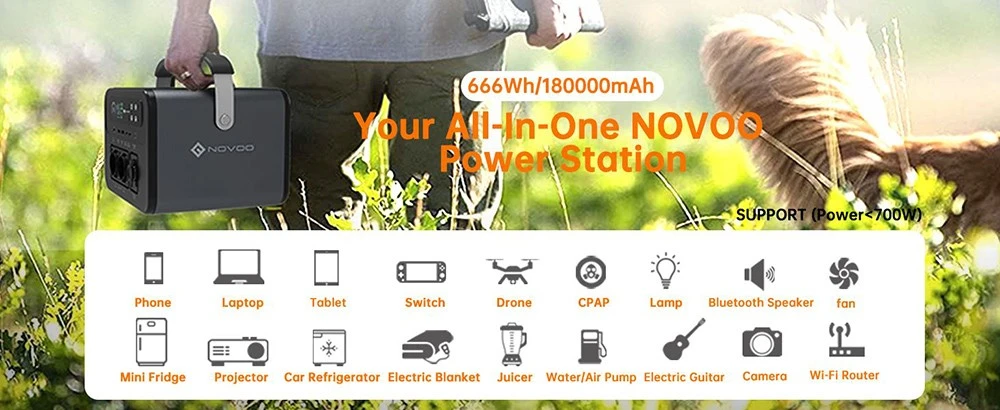 NOVOO RPS700 700W Portable Power Station, 666Wh/180000mAh Battery Solar Generator, MPPT Controller, 8 Outputs, LCD Screen, Flashlight