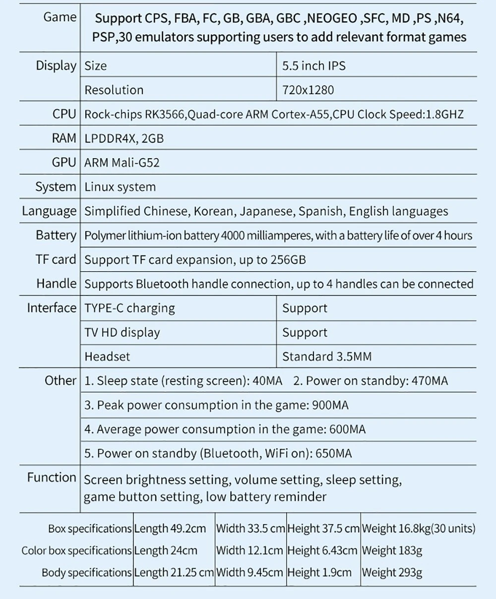 Powkiddy X55 16GB+64GB Handheld Game Console, 8000+ Games, 5.5'' IPS Screen RK3566 Chip, 4000mAh Battery, Support CPS/FBA/FC/GB/GBA/GBC/NEOGEO/SFC/MD/PS/N64 - Blue