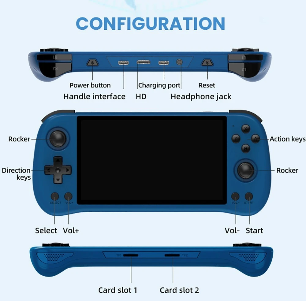 Powkiddy X55 16GB+64GB Handheld Game Console, 8000+ Games, 5.5'' IPS Screen RK3566 Chip, 4000mAh Battery, Support CPS/FBA/FC/GB/GBA/GBC/NEOGEO/SFC/MD/PS/N64 - Blue