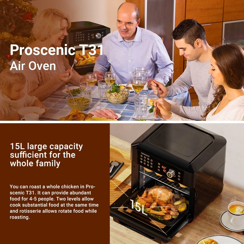 Proscenic T31 1700W 에어 프라이어 오븐, 대용량 15L, 12개 사전 설정, 360도 공기 순환, 플립 알림, 터치 스크린, 앱 제어