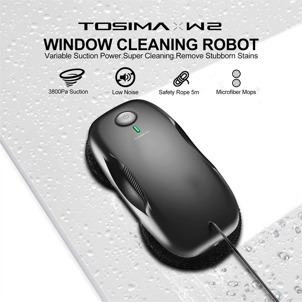 TOSIMA W2 Window Cleaning Robot, Max 3800Pa Suction, Intelligent Path Planning, Edge Detection, Remote Control, 25Mins Backup Battery, with 12 Mops - Black