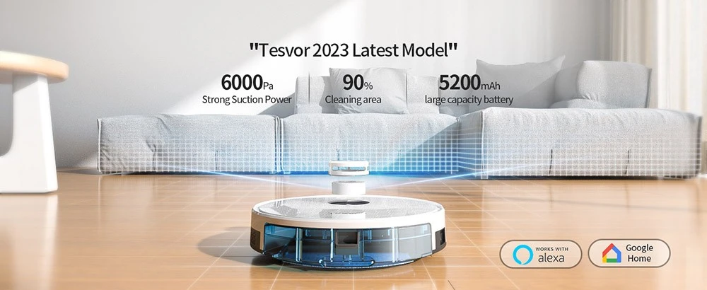 مكنسة كهربائية روبوت Tesvor S7 Pro مع وظيفة ممسحة ، شفط 6000Pa ، ملاحة بالليزر ، صندوق قمامة 600 مل ، وقت تشغيل 180 دقيقة ، منطقة كنس 150 متر مربع كحد أقصى ، تحكم في التطبيق / جهاز تحكم عن بعد - أبيض