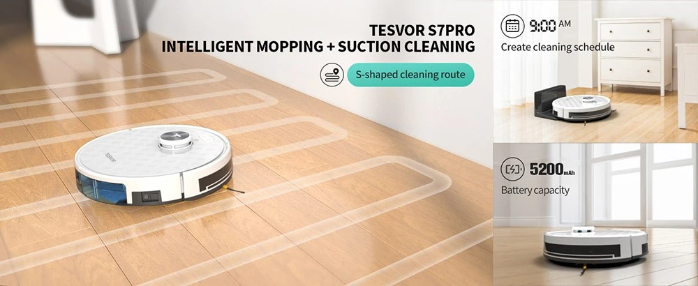 Tesvor S7 Pro ロボット掃除機、モップ機能付き、6000Pa 吸引、レーザーナビゲーション、600ml ゴミ箱、180 分の実行時間、150 平方メートルの最大掃除エリア、アプリ制御 / リモコン - ホワイト