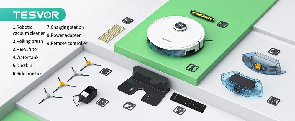 Tesvor S7 Pro Robot Vacuum Cleaner na may Mop Function, 6000Pa Suction, Laser Navigation, 600ml Dustbin, 180Mins Runtime, 150sqm Max Vacuuming Area, App Control / Remote Control - Puti