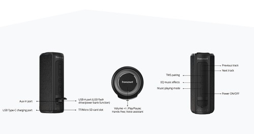 Refurbished Tronsmart Element T6 Plus Portable Bluetooth 5.0 Speaker with 40W Max Output, Deep Bass, IPX6 Waterproof, TWS - Black